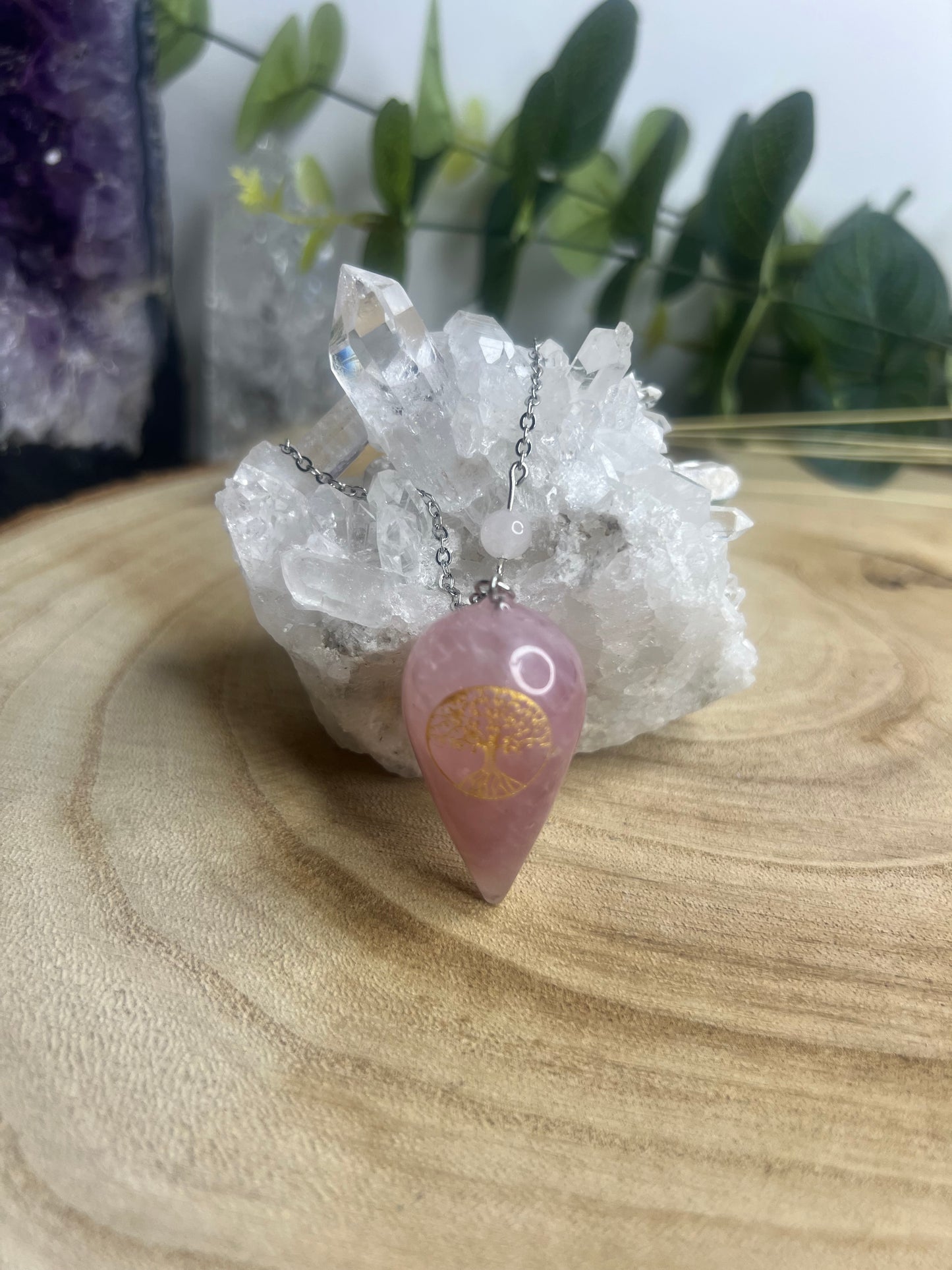 Pendule Gravé Arbre de Vie 4cm - Quartz Rose