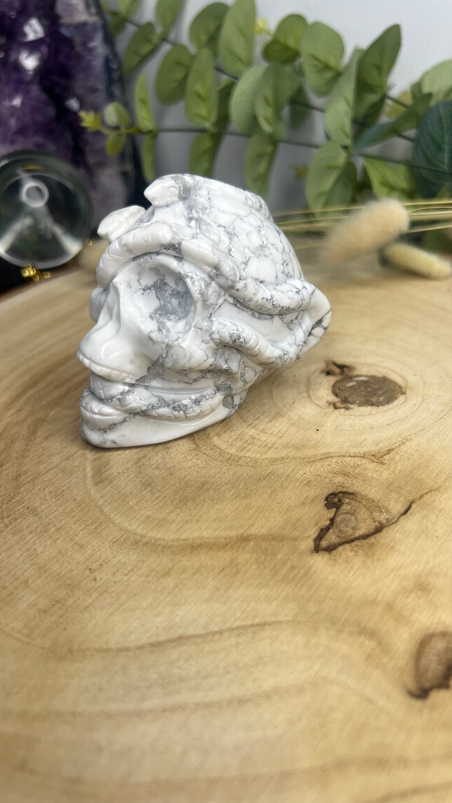 Sculpture sur cristal en forme de crâne de serpent Howlite